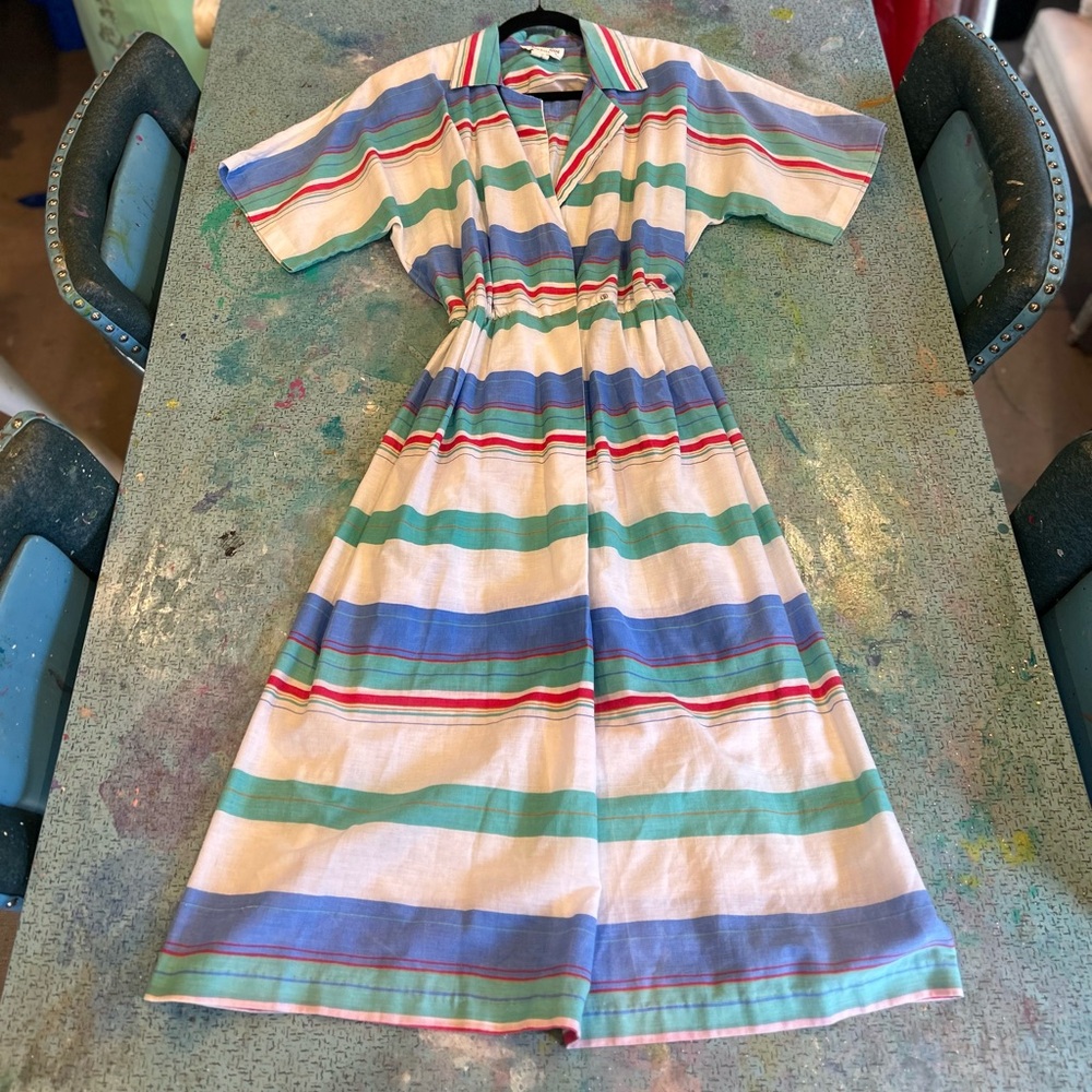 Striped Short-Sleeve Midi Dress in Cream, Green & Blue